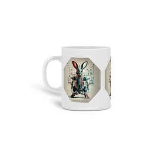 CANECA PERSONALIZADA CRIATIVA EM CERÂMICA 325ML 03 LADOS, ROBOTIC RABBIT