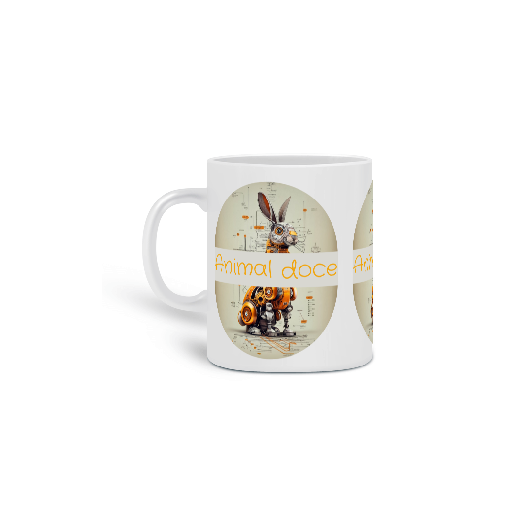 CANECA PERSONALIZADA CRIATIVA EM CERÂMICA 325ML 03 LADOS, ROBOTIC RABBIT 