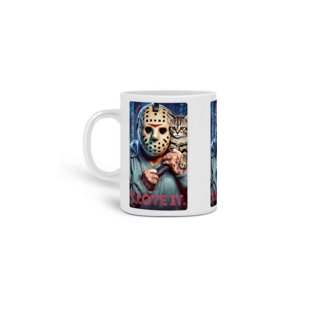 CANECA PERSONALIZADA CRIATIVA EM CERÂMICA 325ML 03 LADOS CAT, JASON I LOVE IT SEXTA FEIRA 13