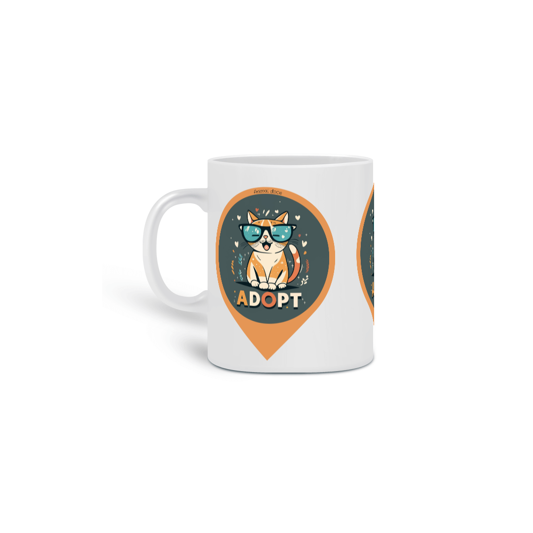 Nome do produto: CANECA PERSONALIZADA CRIATIVA EM CERÂMICA 325ML 03 LADOS, ADOPT CAT 