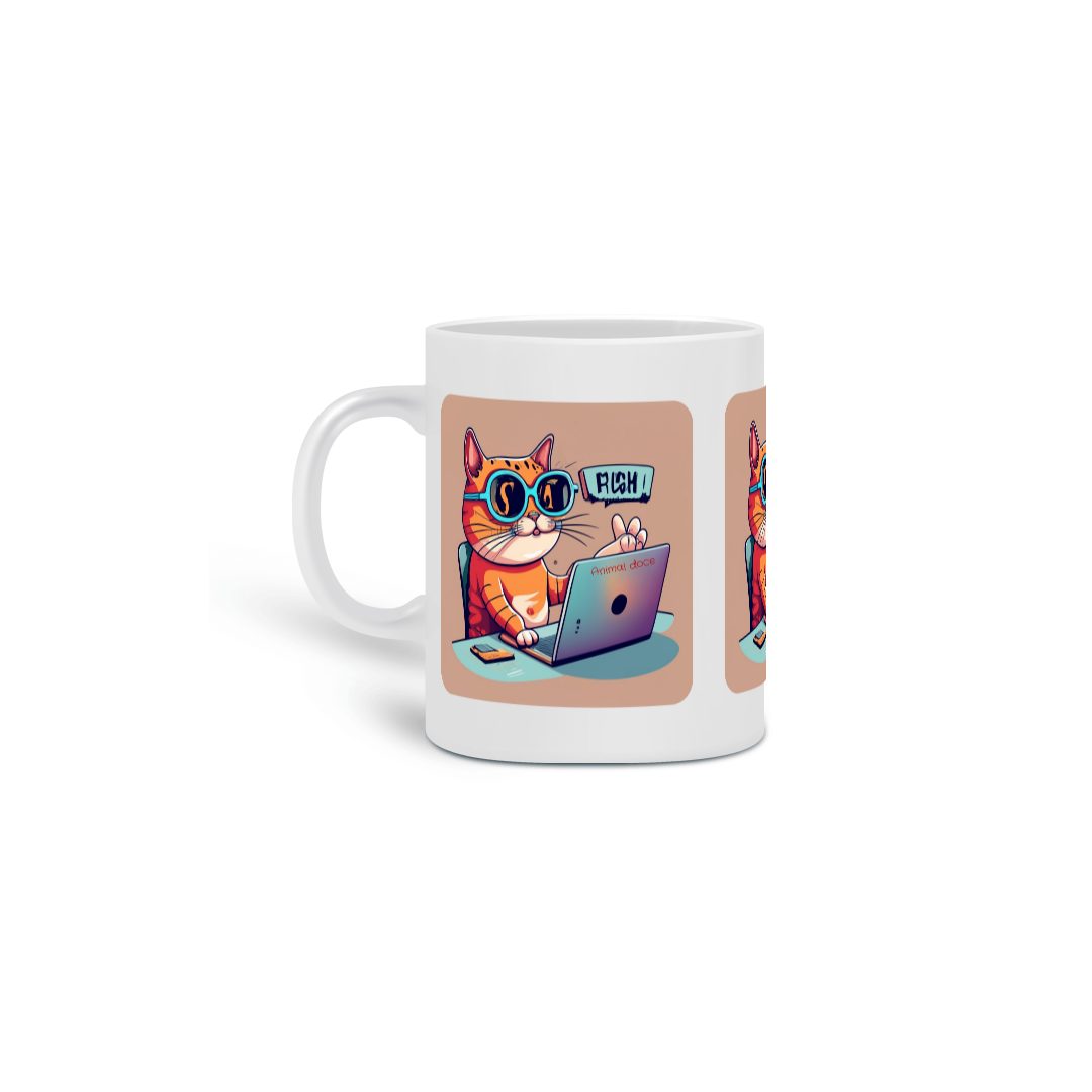 CANECA PERSONALIZADA CRIATIVA EM CERÂMICA 325ML 03 LADOS, CAT GEEK ON THE COMPUTER