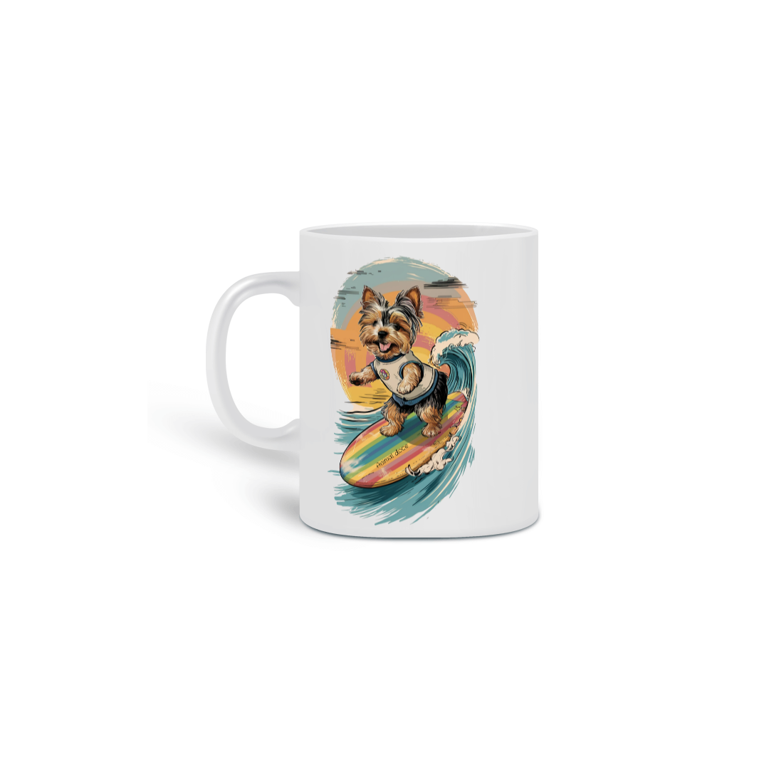  CANECA PERSONALIZADA CRIATIVA EM CERÂMICA, 325ML C/02 LADOS, DOG YORKSHIRE TERRIER SURF