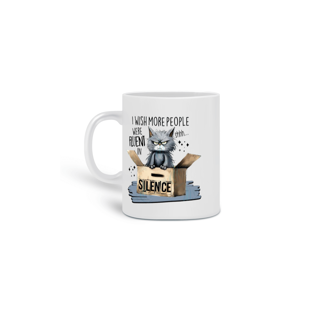Nome do produto: CANECA PERSONALIZADA CRIATIVA EM CERÂMICA, 325ML C/02 LADOS, CAT FRASES SILENCE