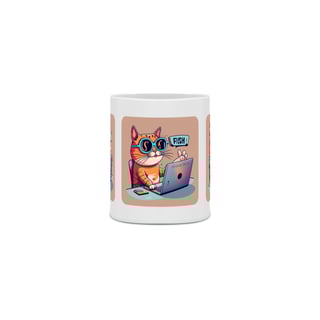 Nome do produto CANECA PERSONALIZADA CRIATIVA EM CERÂMICA 325ML 03 LADOS, CAT GEEK ON THE COMPUTER