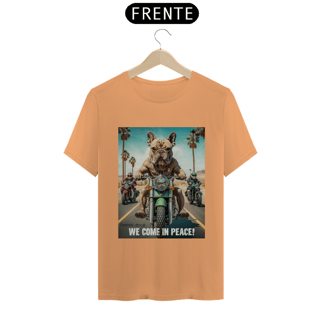 Nome do produto CAMISETA T-SHIRT ESTONADA DOG BULDOGUE, WE COME IN PEACE 