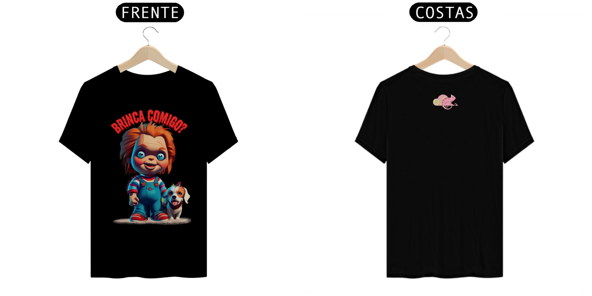 CAMISETA T-SHIRT QUALITY FRENTE/COSTA DOG, LINHA FILME CHUCKY BRINCA COMIGO