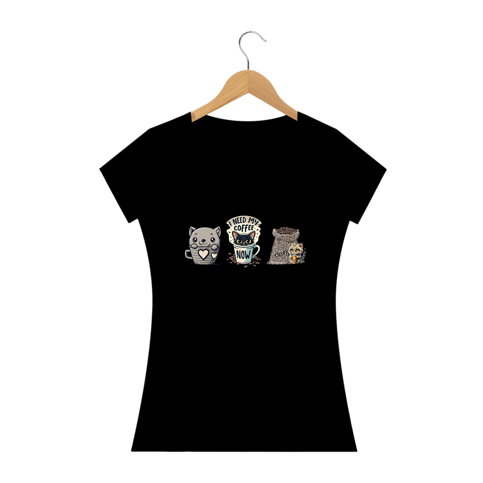 CAMISETA BABY LONG QUALITY, COFFEE 3 CATS