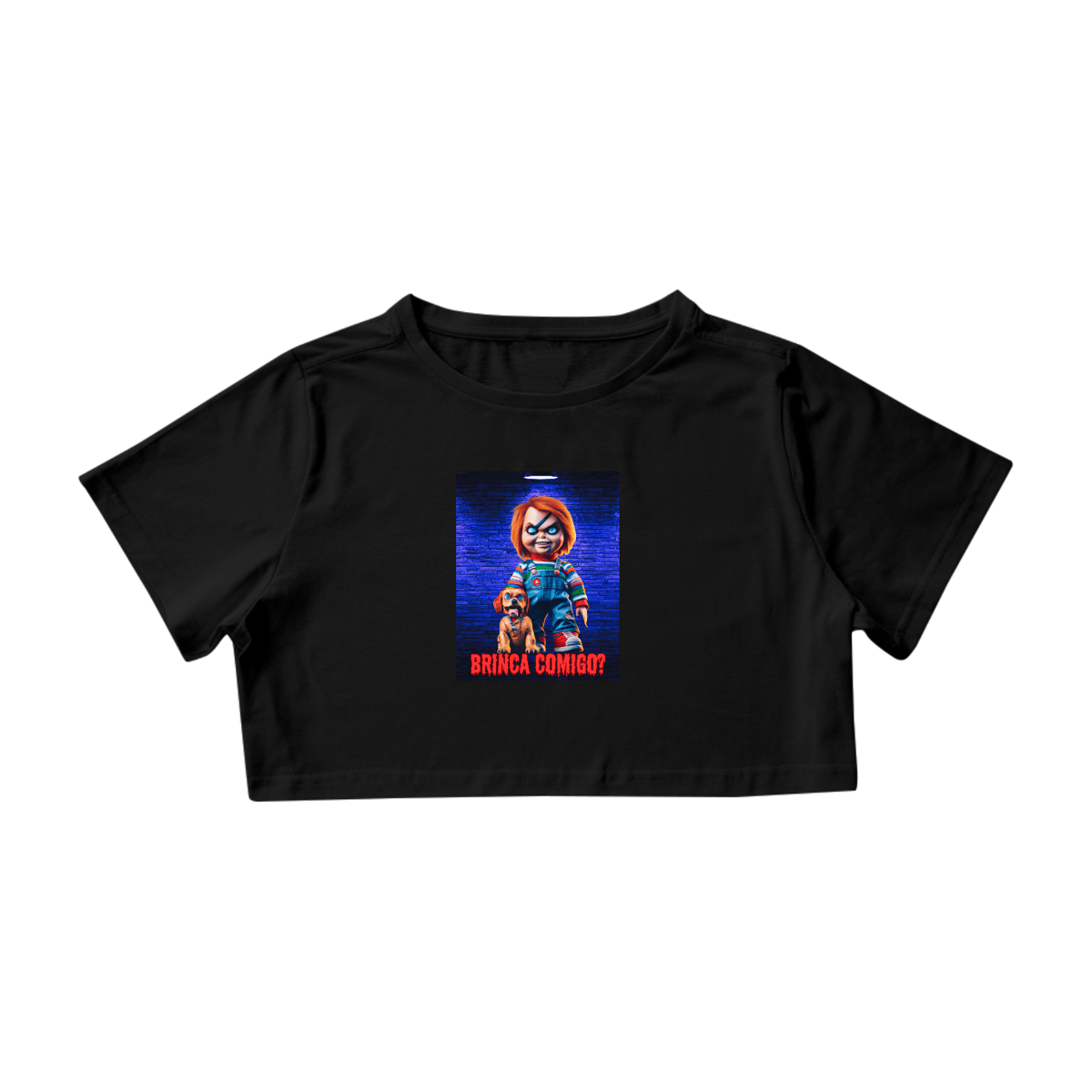 Nome do produto: CAMISA CROPPED, CHUCKY BRINCA COMIGO