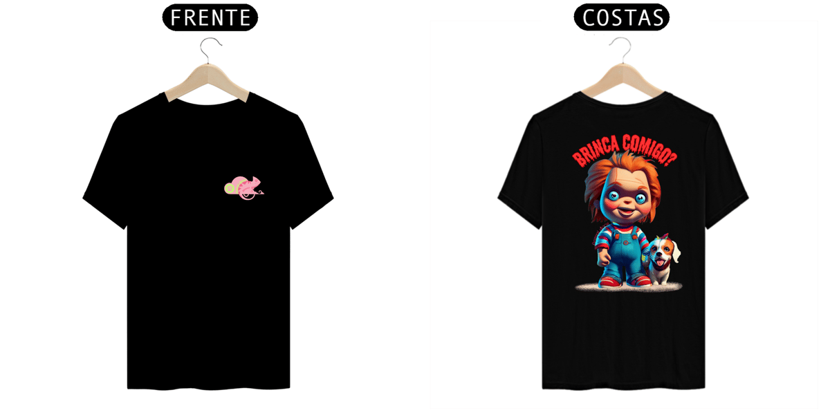 Nome do produto: CAMISETA T-SHIRT PRIME FRENTE E COSTAS DOG, LINHA FILME CHUCKY BRINCA COMIGO