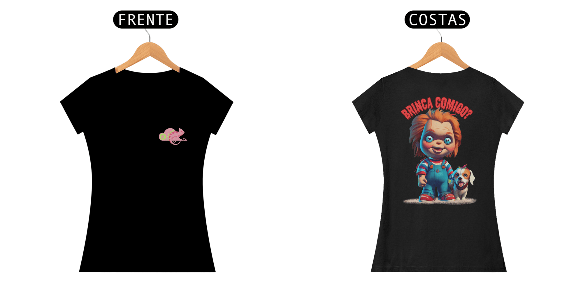 CAMISETA BABY LONG QUALITY DOG FRENTE E COSTAS, LINHA FILME CHUCKY BRINCA COMIGO