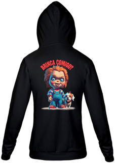 Nome do produto MOLETON COM ZIPER UNISSEX, BOLSO CANGURU DOG-P M G GG-FILME VERSÃO FOFINHA CHUCKY BRINCA COMIGO, 45% ALGODÃO E 55% POLIESTER, INTERIOR FLANELADO, PUNHO E BARRA EM RETILÍNEA
