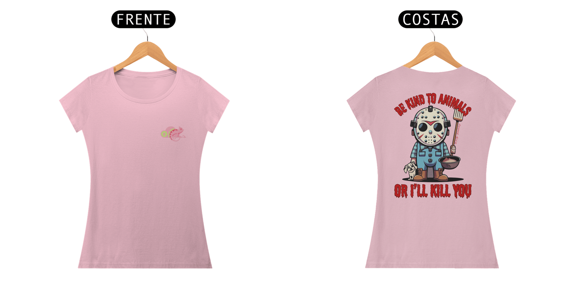 CAMISETA BABY LONG CLASSIC FRENTE E COSTAS, LINHA FILME JASON BE KIND TO ANIMALS, SEXTA FEIRA 13