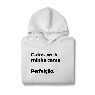 Nome do produtoGatos, Wi-fi, Minha Cama, Perfeição [Moletom Prime Canguru]