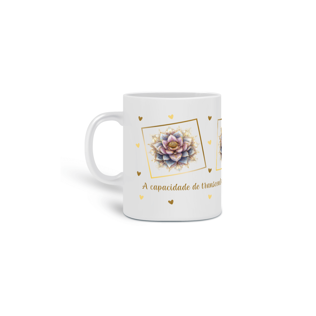Nome do produto: Caneca de Porcelana Mandala Flor-de-Lótus. A capacidade de transcender adversidades e a pureza espiritual.