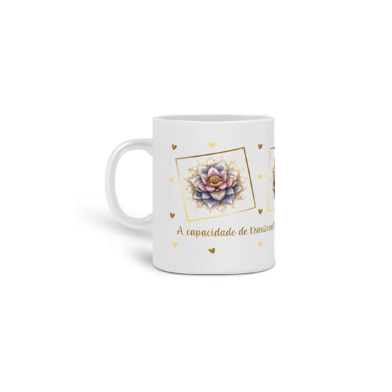 Caneca de Porcelana Mandala Flor-de-Lótus. A capacidade de transcender adversidades e a pureza espiritual.