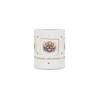 Nome do produto Caneca de Porcelana Mandala Flor-de-Lótus. A capacidade de transcender adversidades e a pureza espiritual.