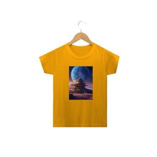 Nome do produtocamisetaBelo templo cósmico redondo índigo no centro de uma comunidade futurista , paisagem extraterrestre , planeta Sirius , a lua e as estrelas podem ser vistas no céu mesmo durante o dia