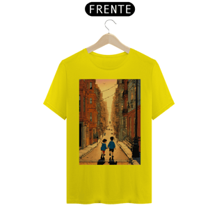 Nome do produtocamisetaBela ilustração de hergé de um menino e uma menina brincando nas ruas de São Francisco ao pôr do sol , cores vibrantes e arte comovente
