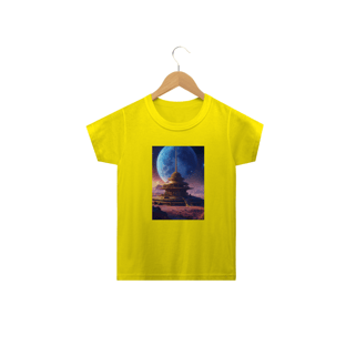 Nome do produtocamisetaBelo templo cósmico redondo índigo no centro de uma comunidade futurista , paisagem extraterrestre , planeta Sirius , a lua e as estrelas podem ser vistas no céu mesmo durante o dia