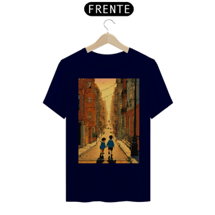 Nome do produtocamisetaBela ilustração de hergé de um menino e uma menina brincando nas ruas de São Francisco ao pôr do sol , cores vibrantes e arte comovente