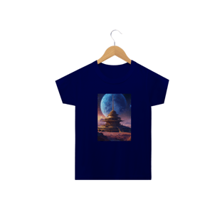 Nome do produtocamisetaBelo templo cósmico redondo índigo no centro de uma comunidade futurista , paisagem extraterrestre , planeta Sirius , a lua e as estrelas podem ser vistas no céu mesmo durante o dia