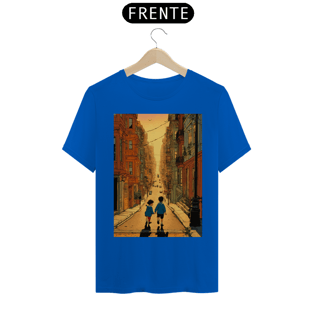 Nome do produtocamisetaBela ilustração de hergé de um menino e uma menina brincando nas ruas de São Francisco ao pôr do sol , cores vibrantes e arte comovente