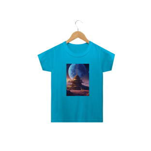 Nome do produtocamisetaBelo templo cósmico redondo índigo no centro de uma comunidade futurista , paisagem extraterrestre , planeta Sirius , a lua e as estrelas podem ser vistas no céu mesmo durante o dia