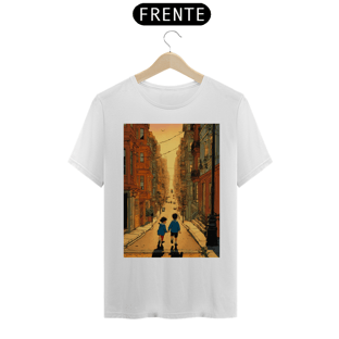 Nome do produtocamisetaBela ilustração de hergé de um menino e uma menina brincando nas ruas de São Francisco ao pôr do sol , cores vibrantes e arte comovente