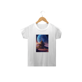 camisetaBelo templo cósmico redondo índigo no centro de uma comunidade futurista , paisagem extraterrestre , planeta Sirius , a lua e as estrelas podem ser vistas no céu mesmo durante o dia
