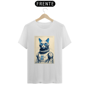 Nome do produtoCamisetaDe um gato cibernético realista 16k , desenhos técnicos vistos de frente e de lado em papel branco claro com texto de fundo em negrito como 