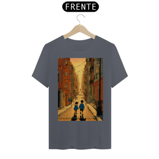 Nome do produtocamisetaBela ilustração de hergé de um menino e uma menina brincando nas ruas de São Francisco ao pôr do sol , cores vibrantes e arte comovente