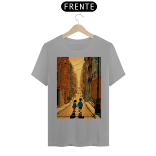 Nome do produtocamisetaBela ilustração de hergé de um menino e uma menina brincando nas ruas de São Francisco ao pôr do sol , cores vibrantes e arte comovente