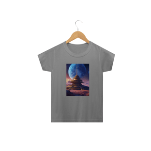 Nome do produtocamisetaBelo templo cósmico redondo índigo no centro de uma comunidade futurista , paisagem extraterrestre , planeta Sirius , a lua e as estrelas podem ser vistas no céu mesmo durante o dia