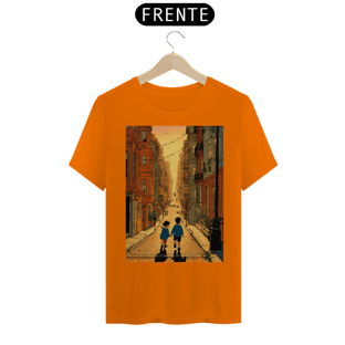 Nome do produtocamisetaBela ilustração de hergé de um menino e uma menina brincando nas ruas de São Francisco ao pôr do sol , cores vibrantes e arte comovente