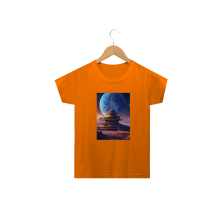 Nome do produtocamisetaBelo templo cósmico redondo índigo no centro de uma comunidade futurista , paisagem extraterrestre , planeta Sirius , a lua e as estrelas podem ser vistas no céu mesmo durante o dia