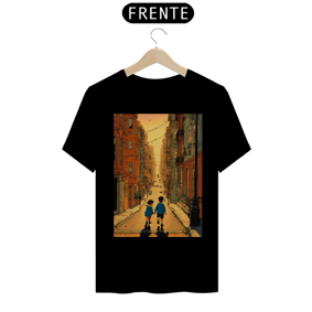 camisetaBela ilustração de hergé de um menino e uma menina brincando nas ruas de São Francisco ao pôr do sol , cores vibrantes e arte comovente