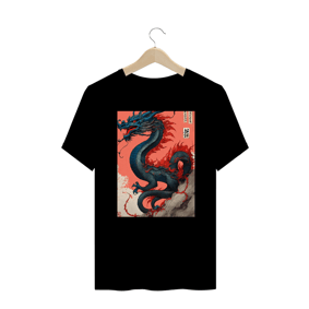 Camiseta Shuǐmò huà ,水墨画, tinta preta e vermelha , um dragão em estilo chinês , arte em tinta de mschiffer , caprichoso , esboço grosseiro ,