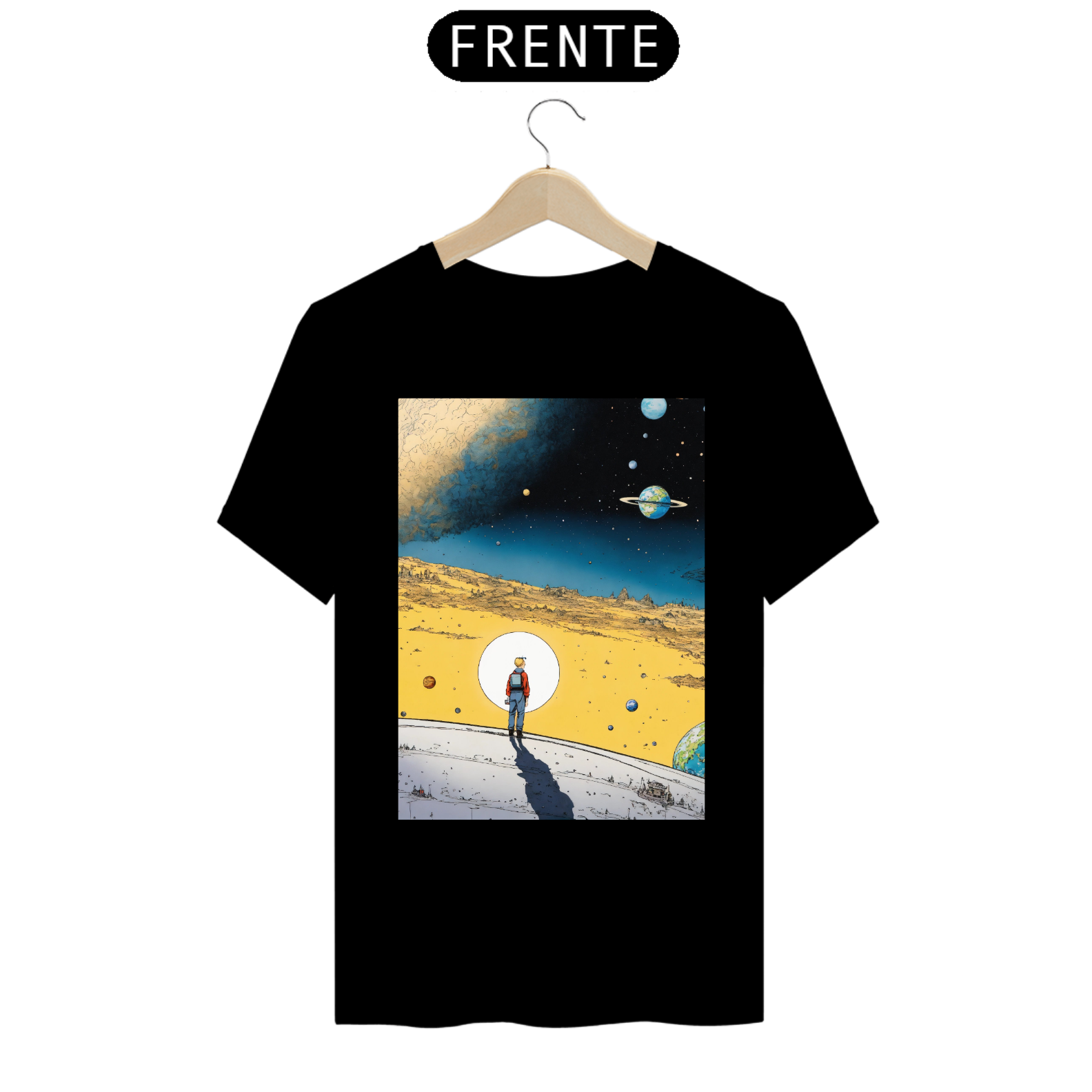 CamisetaCaneta e nanquim , ilustrado por hergé , o fundo do universo. flutuando em um planeta com um ser piedoso. espiritual.