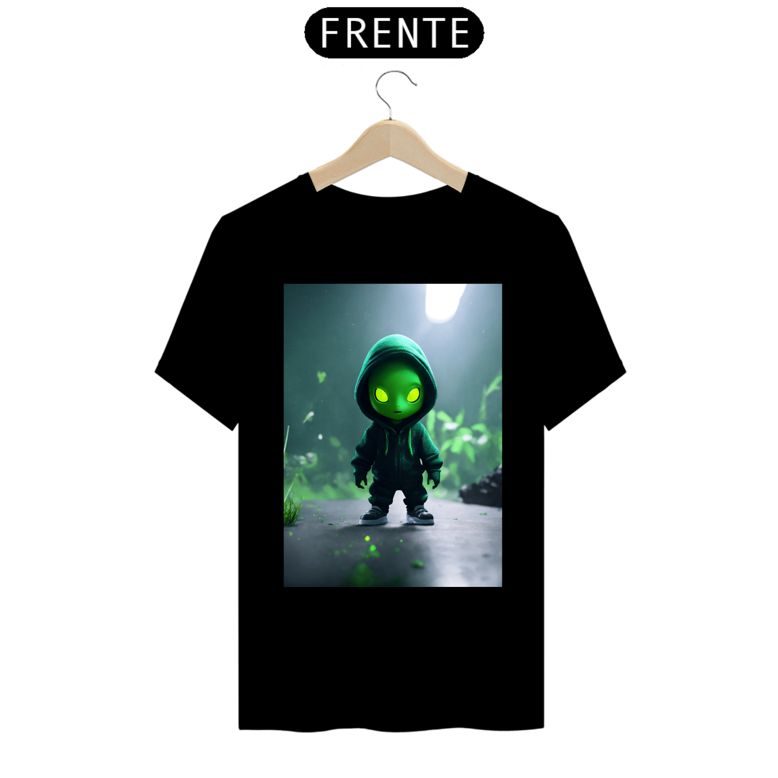 CamisetaUm lindo alienígena verde com um capuz preto caindo no vazio em um fundo branco , renderização irreal do motor , 4k , cinematográfico