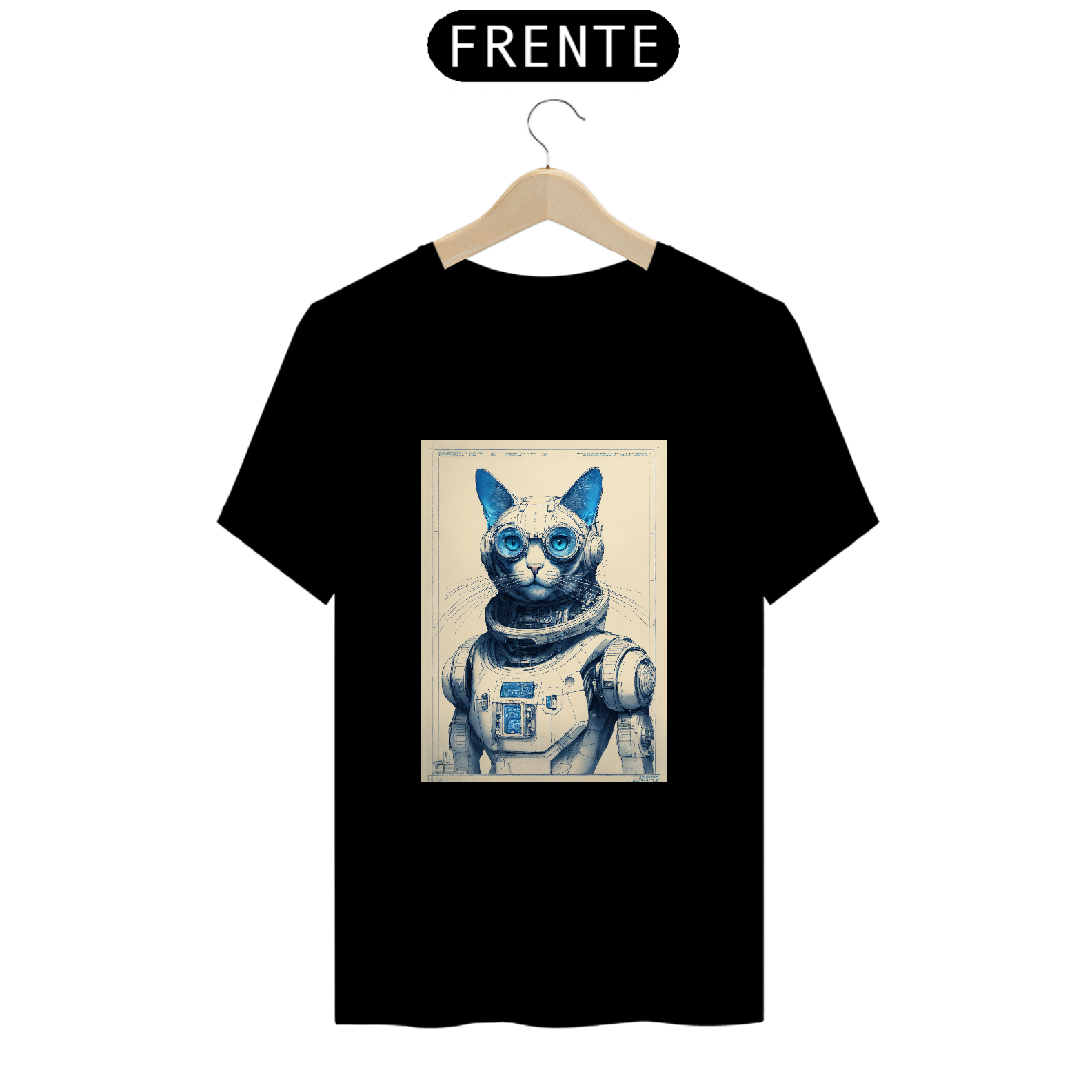 CamisetaDe um gato cibernético realista 16k , desenhos técnicos vistos de frente e de lado em papel branco claro com texto de fundo em negrito como 