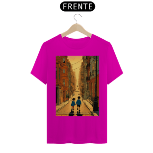 Nome do produtocamisetaBela ilustração de hergé de um menino e uma menina brincando nas ruas de São Francisco ao pôr do sol , cores vibrantes e arte comovente