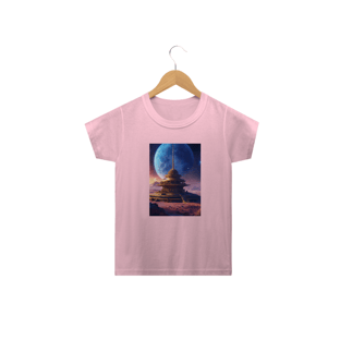 Nome do produtocamisetaBelo templo cósmico redondo índigo no centro de uma comunidade futurista , paisagem extraterrestre , planeta Sirius , a lua e as estrelas podem ser vistas no céu mesmo durante o dia