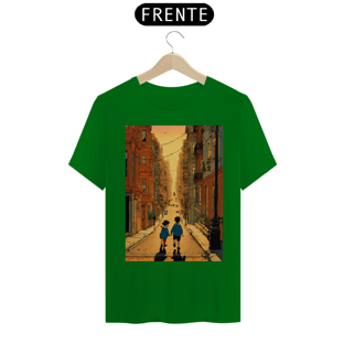 Nome do produtocamisetaBela ilustração de hergé de um menino e uma menina brincando nas ruas de São Francisco ao pôr do sol , cores vibrantes e arte comovente