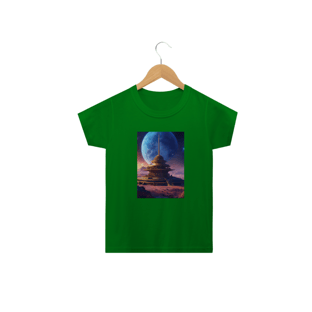Nome do produtocamisetaBelo templo cósmico redondo índigo no centro de uma comunidade futurista , paisagem extraterrestre , planeta Sirius , a lua e as estrelas podem ser vistas no céu mesmo durante o dia