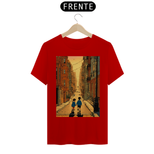 Nome do produtocamisetaBela ilustração de hergé de um menino e uma menina brincando nas ruas de São Francisco ao pôr do sol , cores vibrantes e arte comovente
