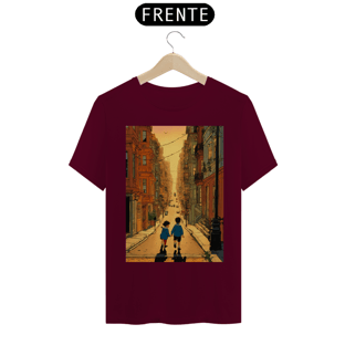 Nome do produtocamisetaBela ilustração de hergé de um menino e uma menina brincando nas ruas de São Francisco ao pôr do sol , cores vibrantes e arte comovente
