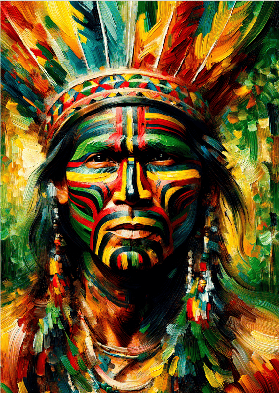 Pôster Pintura-  Índios - Homem - Indígena 02 -  Sem Moldura - Orientação Retrato - Tamanhos: A1 e A2 - Fine Art