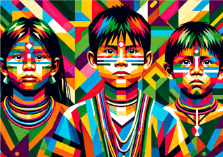 Nome do produto Pôster Ilustração  Estilo WPAP -  Índios - Crianças - Indígena 11 -  Sem Moldura - Orientação Paisagem - Tamanhos: A1 e A2 - Fine Art