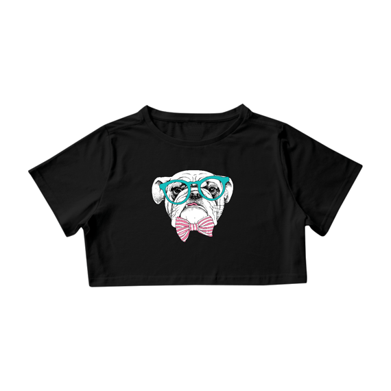Cropped Bulldog Inglês de Óculos e Gravatinha