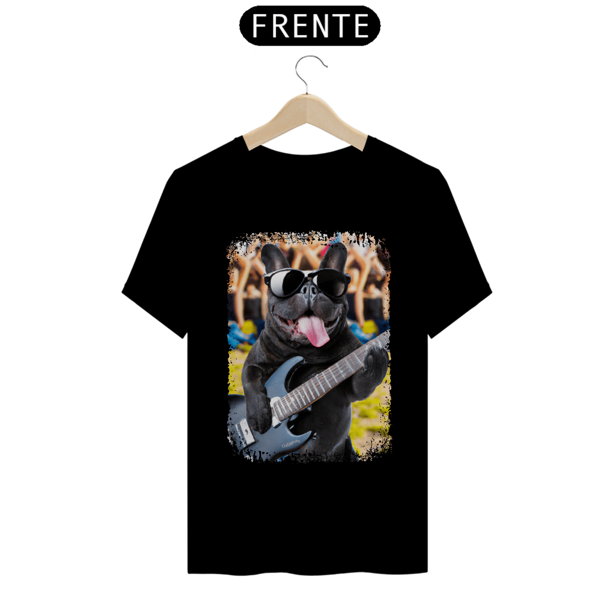 Nome do produto: Camiseta Bulldog Francês Tocando Guitarra